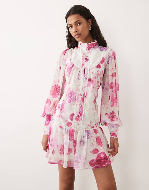 Hope & Ivy chiffon high neck balloon sleeve dropped waist mini dress in  pink floral