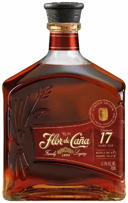 Flor de Cana 17 Year Old Rum bottle showcasing aged Nicaraguan rum with rich amber color and elegant label