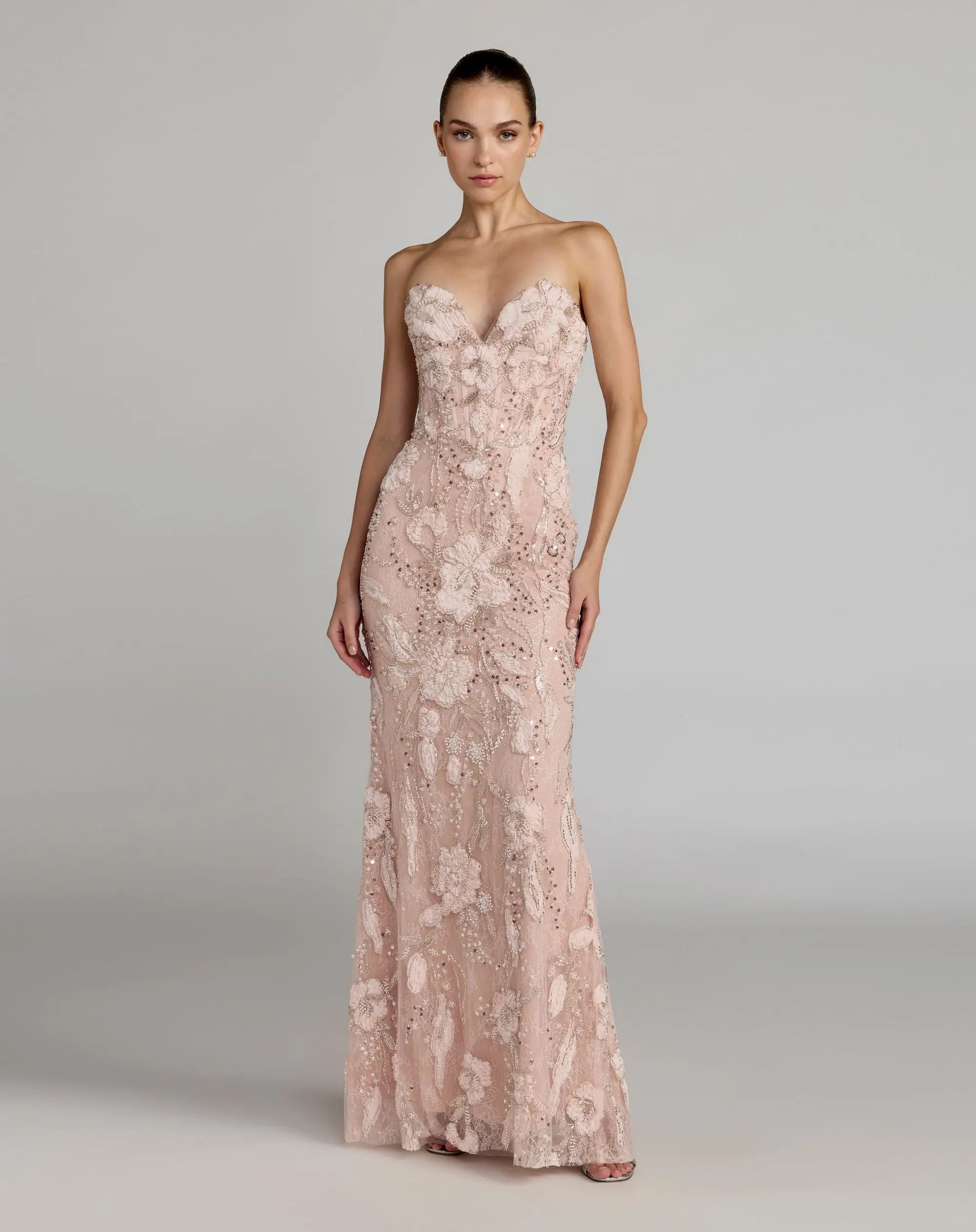 Pink Embellished Lace Strapless Sweetheart Gown - Mac Duggal