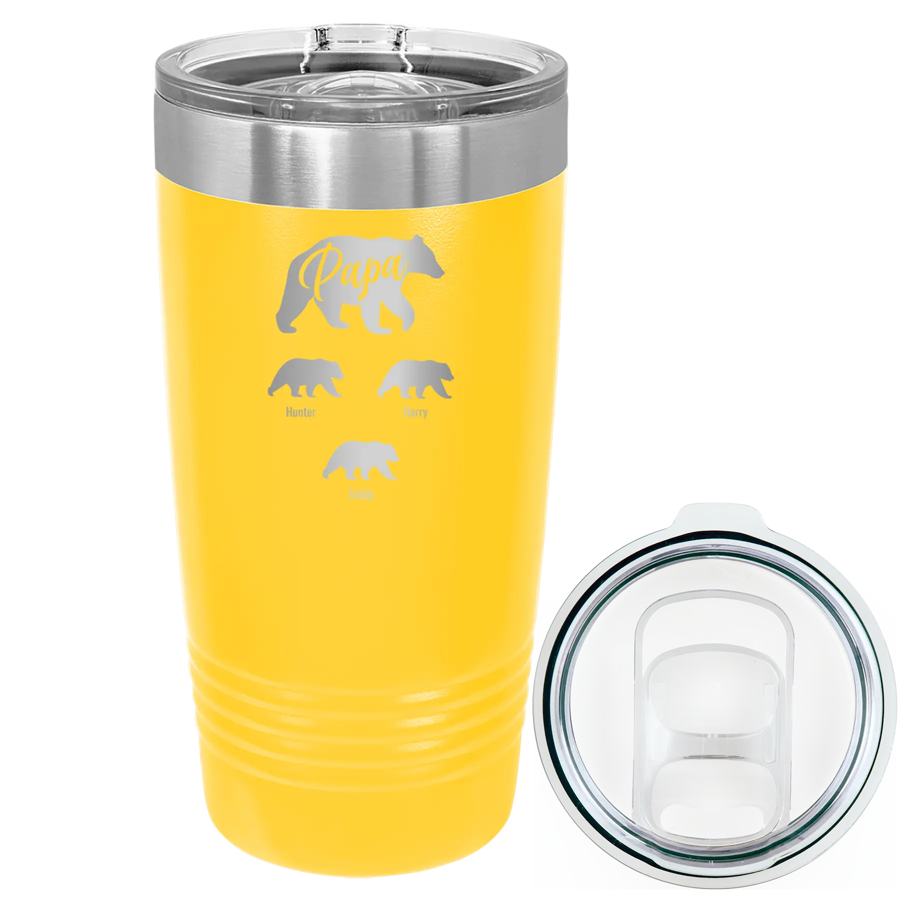 Personalized yellow 20 oz vacuum insulated tumbler with 'Papa Bear 3 baby bears' design