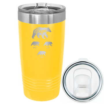 Personalized yellow 20 oz vacuum insulated tumbler with 'Papa Bear 3 baby bears' design