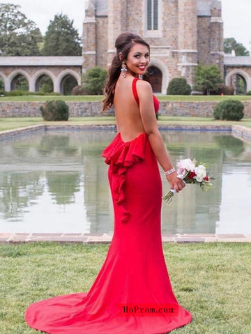 Sexy Open Back Long Jersey Red Prom Dress with Ruffle
