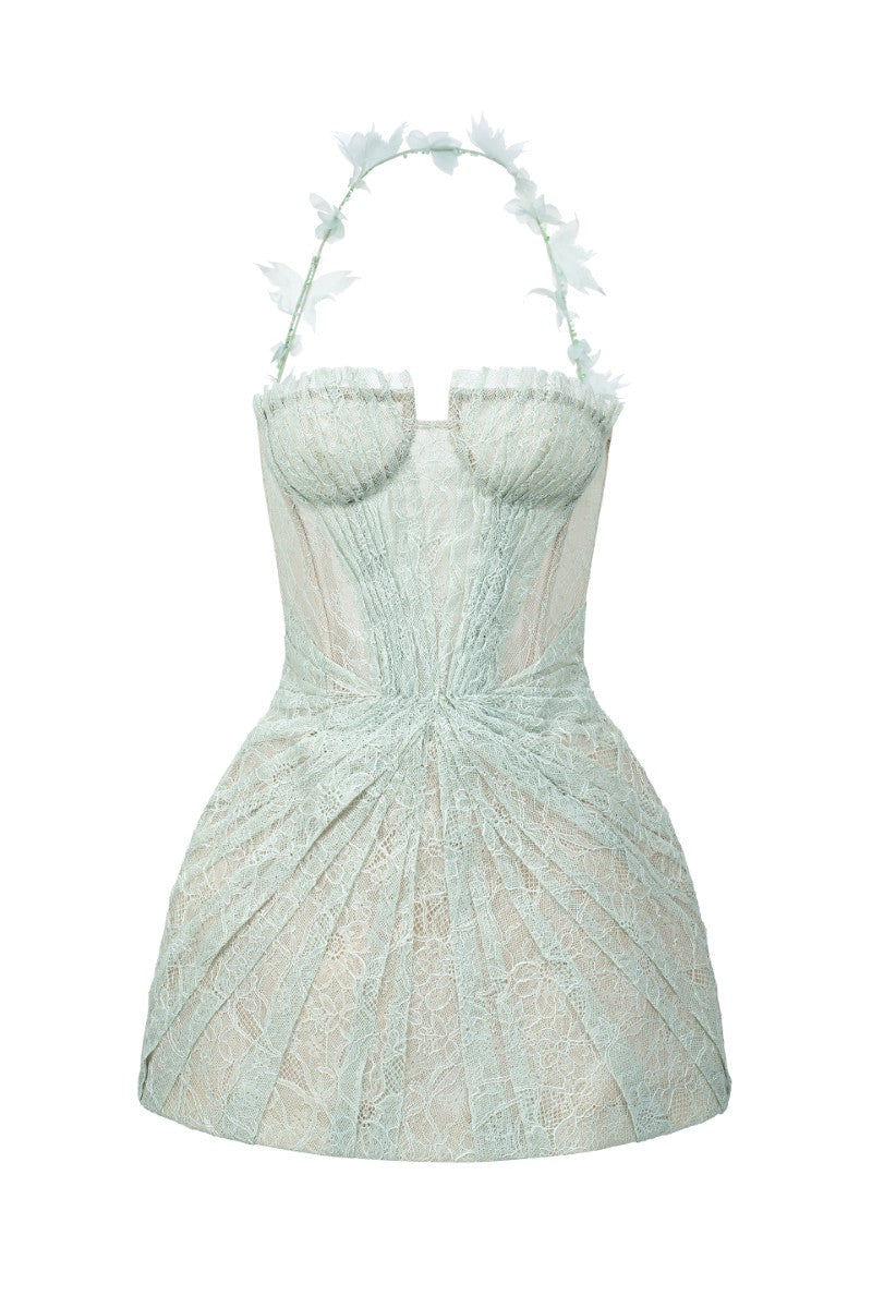 Mint Eveline lace dress by 21Six, a stylish mini dress with intricate lace details and a fitted silhouette.