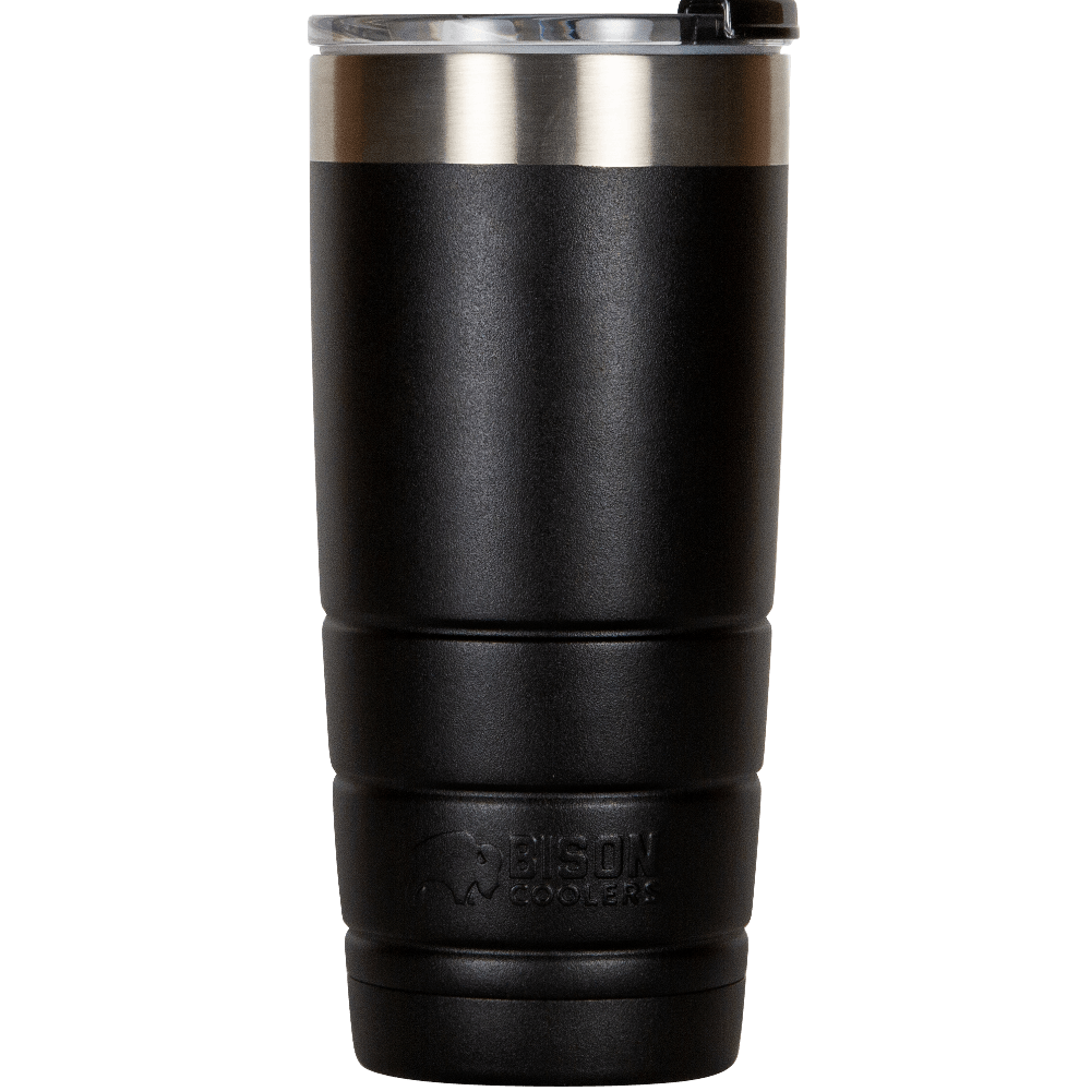 Black 22-ounce tumbler by Bison Coolers with a silver rim and ridged texture.
