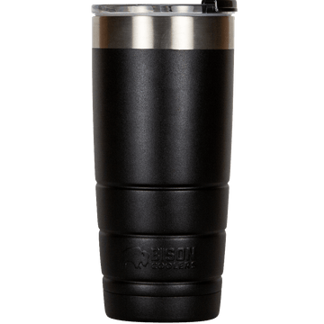 Black 22-ounce tumbler by Bison Coolers with a silver rim and ridged texture.