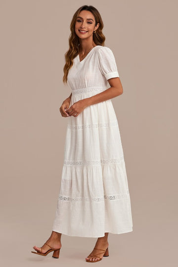 White Short Sleeve V Neck Cotton Maxi Dress With Zipper Back