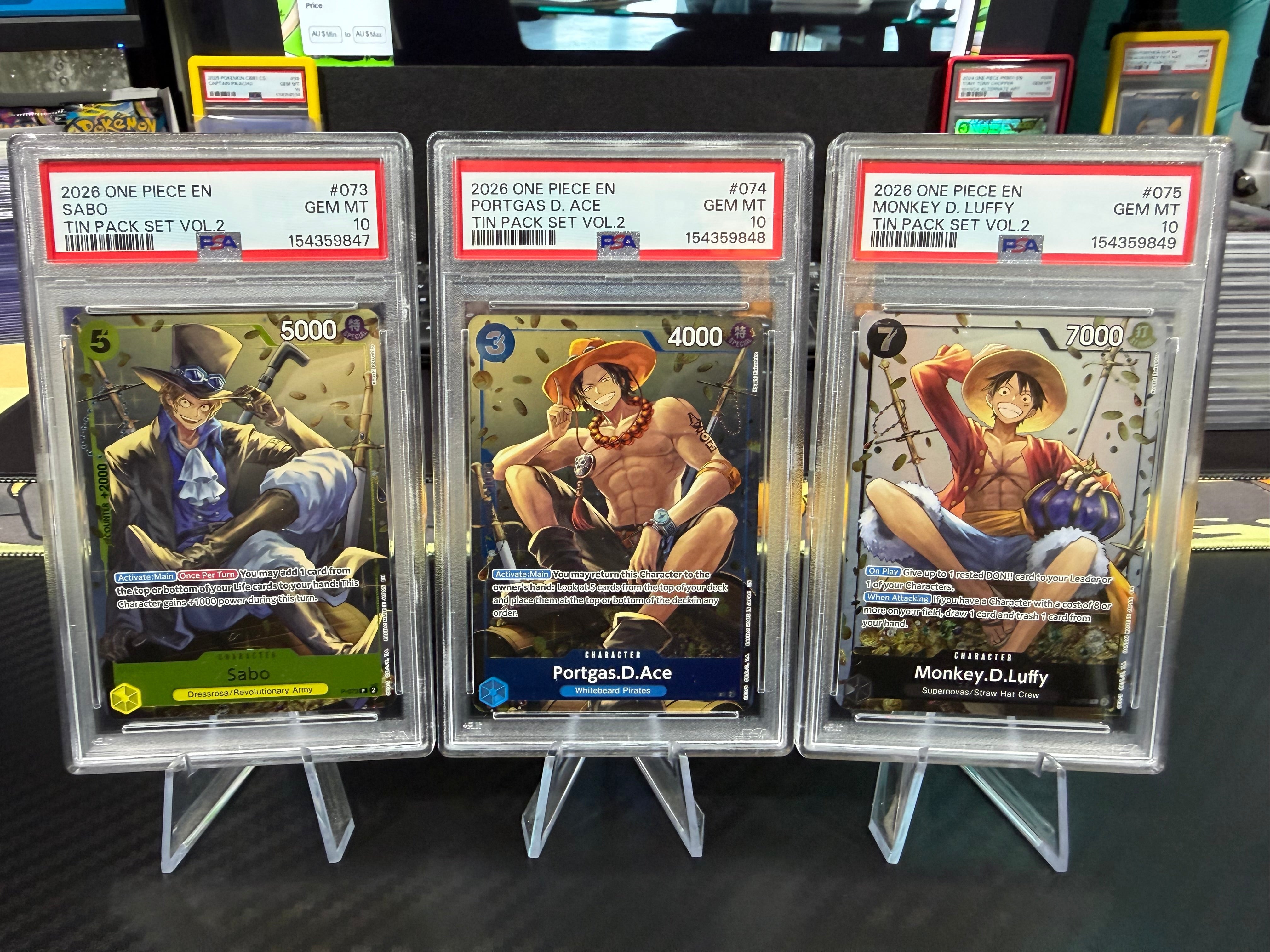 PSA 10 Sequential - Luffy, Ace & Sabo - Promo Set - One Piece Tin Pack Set Vol. 2