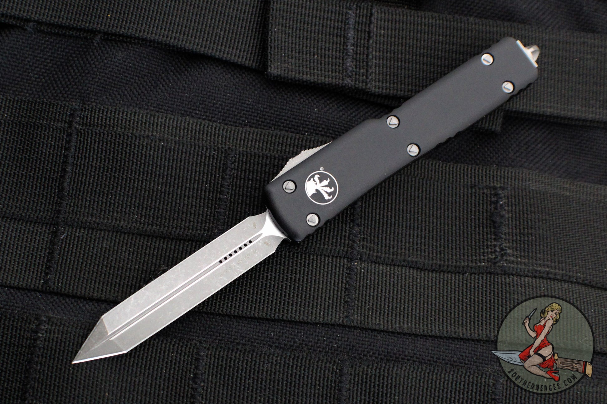 Microtech UTX-70 OTF Knife- Spartan Edge- Black Handle- Apocalyptic Plain Edge Blade 249-10 AP