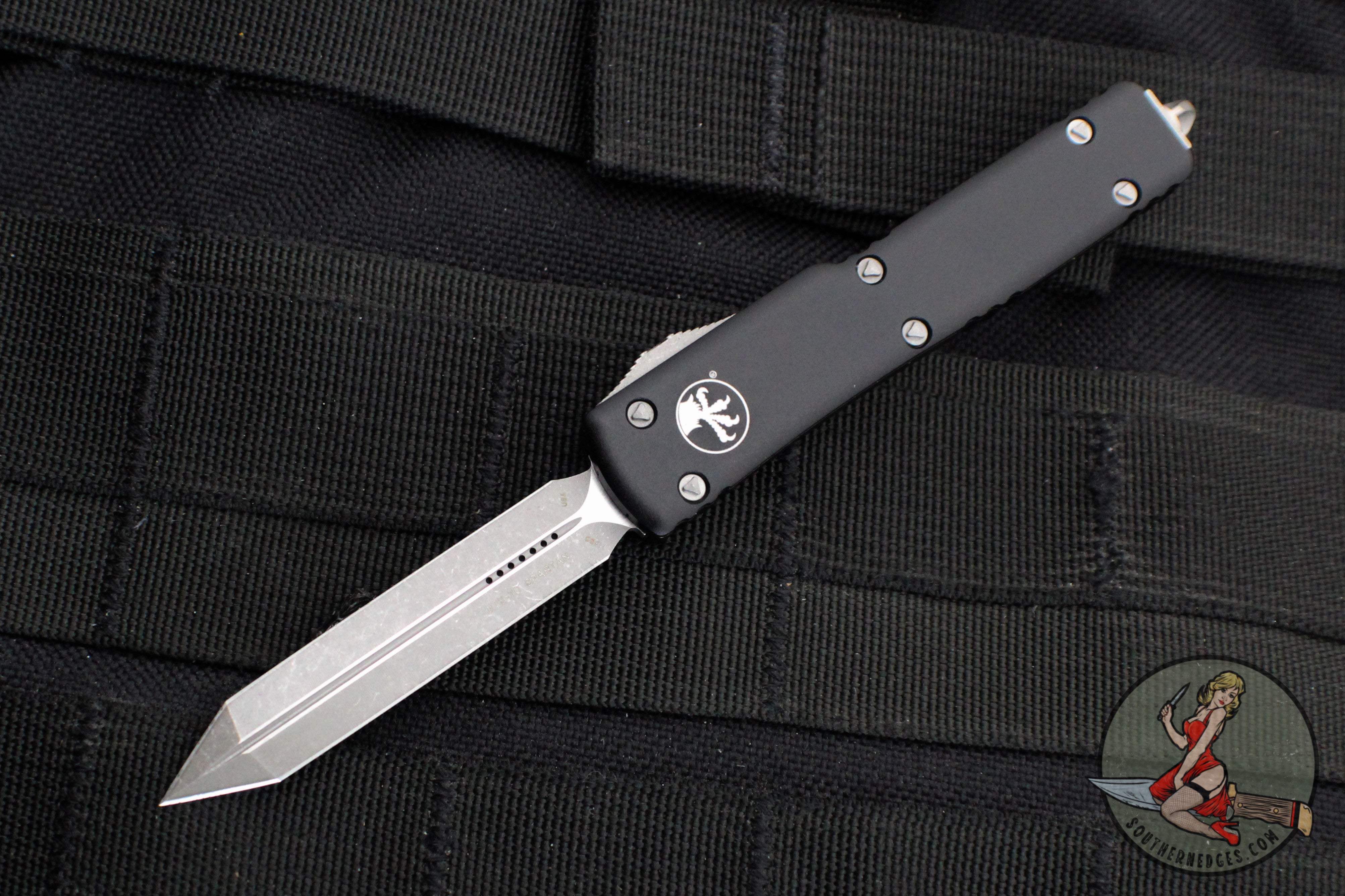 Microtech UTX-70 OTF Knife- Spartan Edge- Black Handle- Apocalyptic Plain Edge Blade 249-10 AP