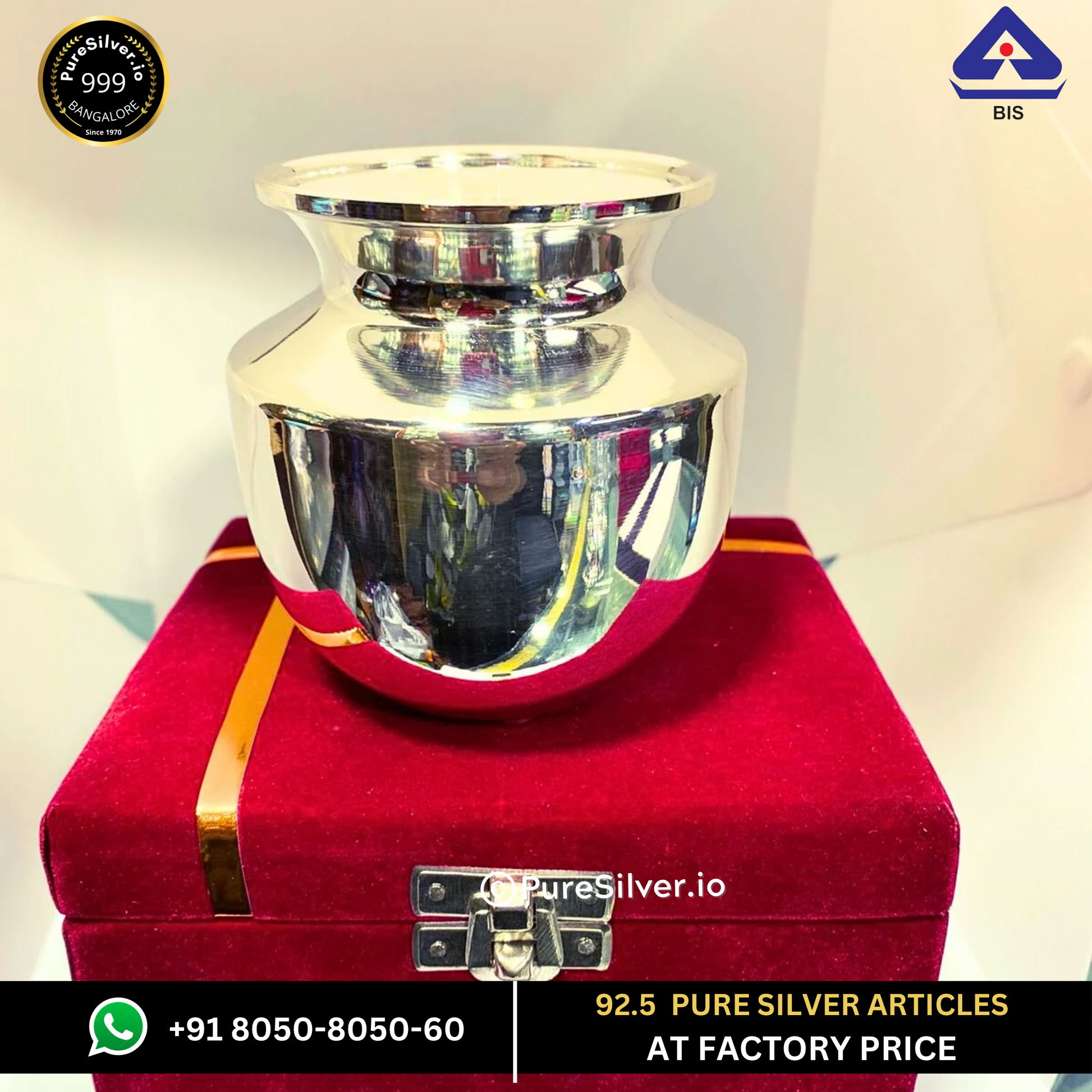 Pure Silver Kalash Chombu Lota , 150 grams, BIS Hallmarked