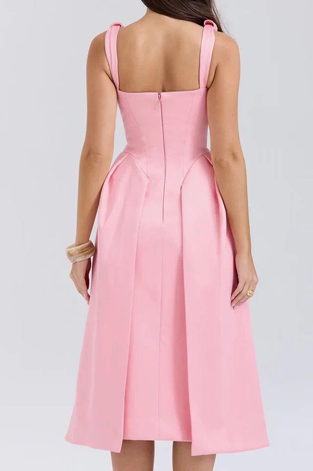 Deep V Neck Cinch Waist Satin Midi Dress