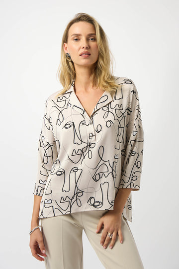 Jospeh Ribkoff Hammered Satin Abstract Face Print Boxy Top 253230