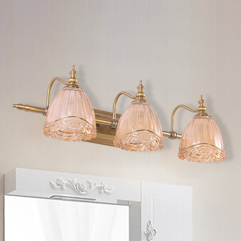 Floral Shade Wall Light Sconce Modern Style Amber Glass 2/3 Bulbs Bathroom Vanity Light in Brass Finish, 16.5"/24.5" W