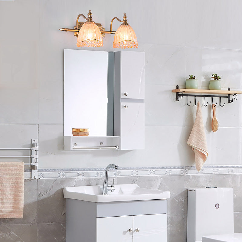 Floral Shade Wall Light Sconce Modern Style Amber Glass 2/3 Bulbs Bathroom Vanity Light in Brass Finish, 16.5"/24.5" W