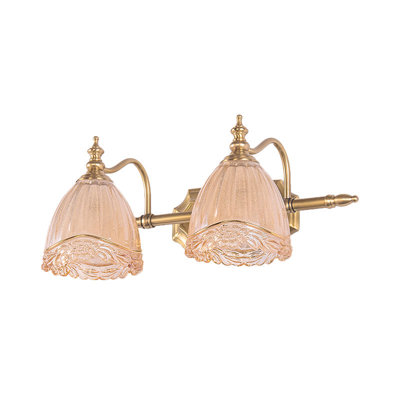 Floral Shade Wall Light Sconce Modern Style Amber Glass 2/3 Bulbs Bathroom Vanity Light in Brass Finish, 16.5"/24.5" W