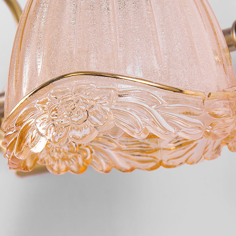 Floral Shade Wall Light Sconce Modern Style Amber Glass 2/3 Bulbs Bathroom Vanity Light in Brass Finish, 16.5"/24.5" W