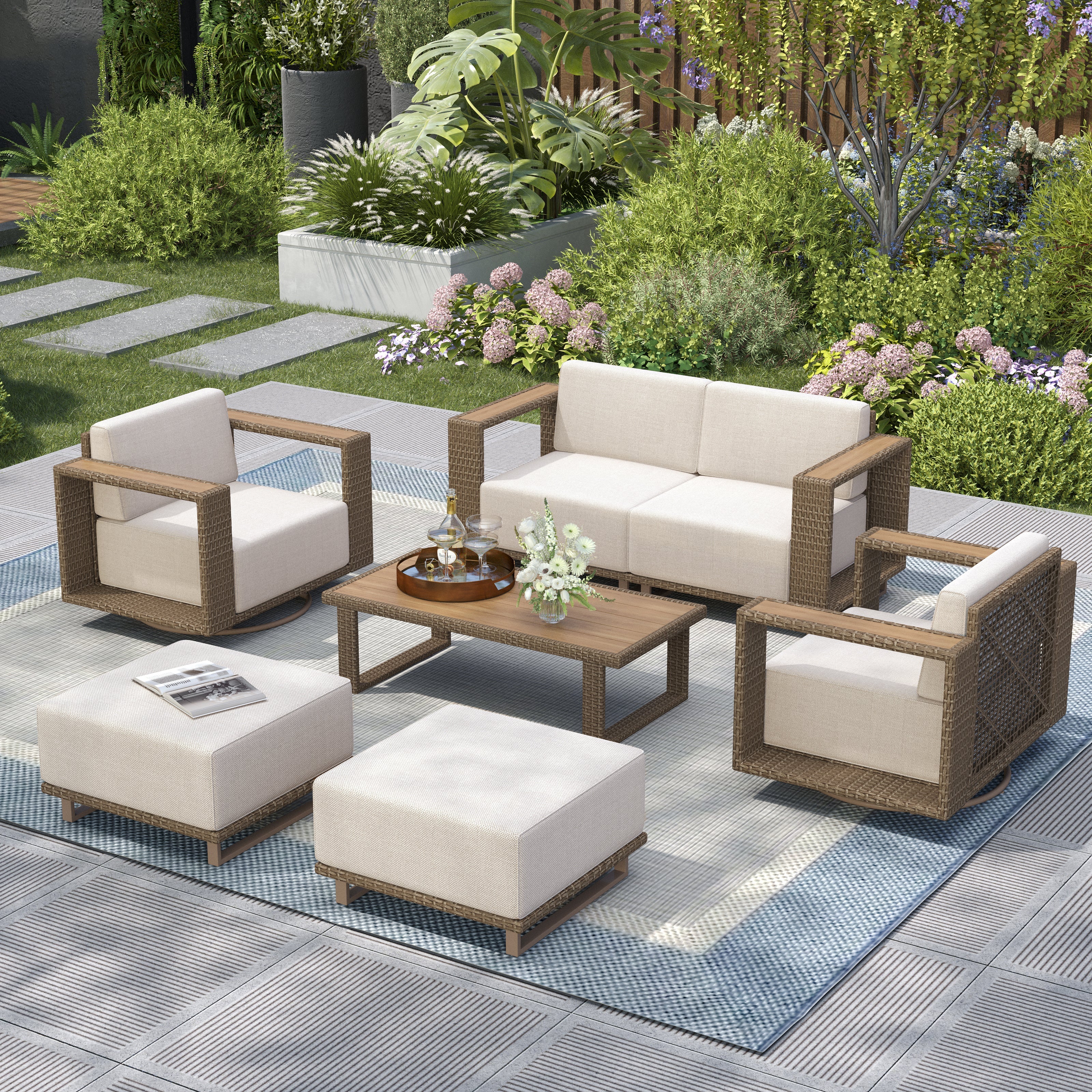 Captiva Designs Outdoor Patio Modular Furniture Sectional Wicker Sofa Set with Swivel Armchairs and Extra Thick Cushions
