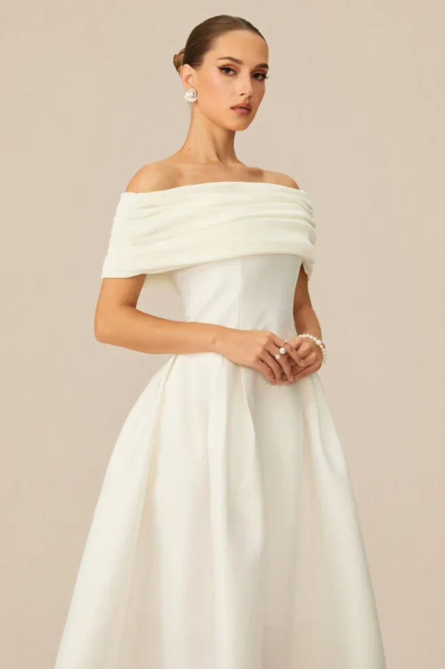 Vivian Off Shoulder Flare Satin Midi Dress