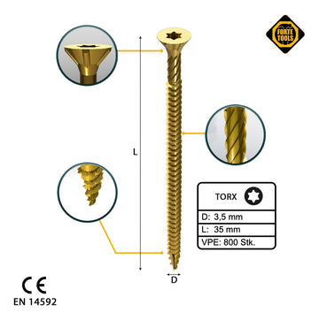 FORTE Tools Vis à bois universelle 3,5 x 35 mm T15, Galvanisée jaune, Tête fraisée Torx, Filetage total, 800 pcs. (4x 000051399469)