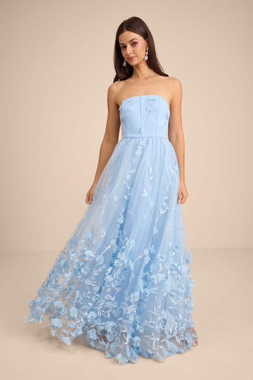 Light Blue 3D Floral Applique Tulle Maxi Dress | Womens | Medium (Available in XS, S) | 100% Polyester