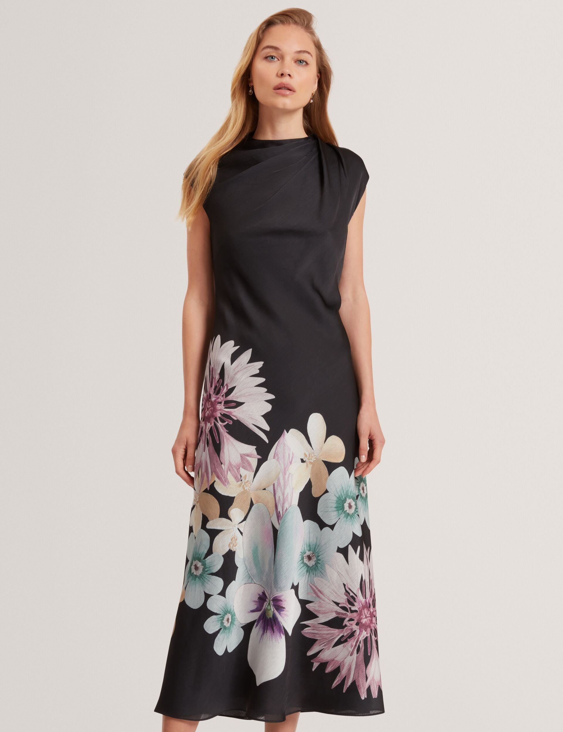 Ted Baker Pastel Floral Print Draped Neck Midi Dress