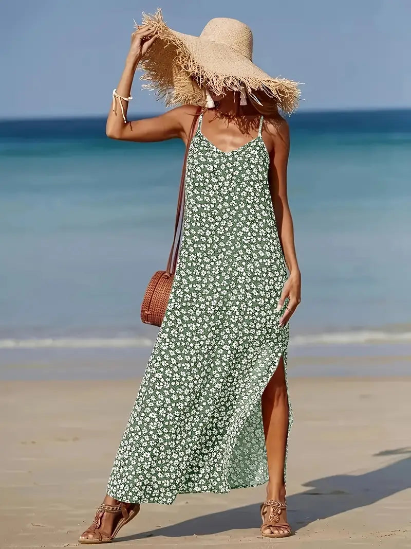 Women's Floral Print V-Neck Off-Shoulder Beach Dress with Thigh Slit & Open Back