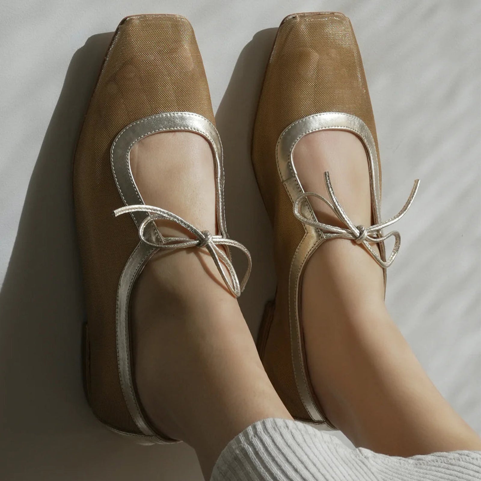 Metallic Gold Mesh Square-Toe Bow-Tied Vamp Strap Flats