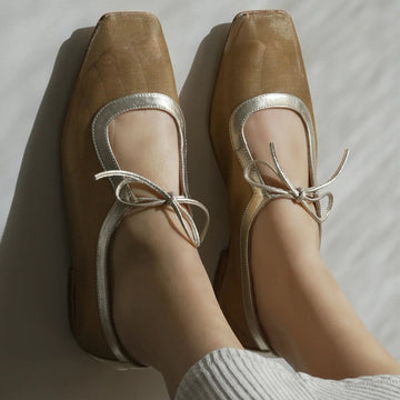 Metallic Gold Mesh Square-Toe Bow-Tied Vamp Strap Flats