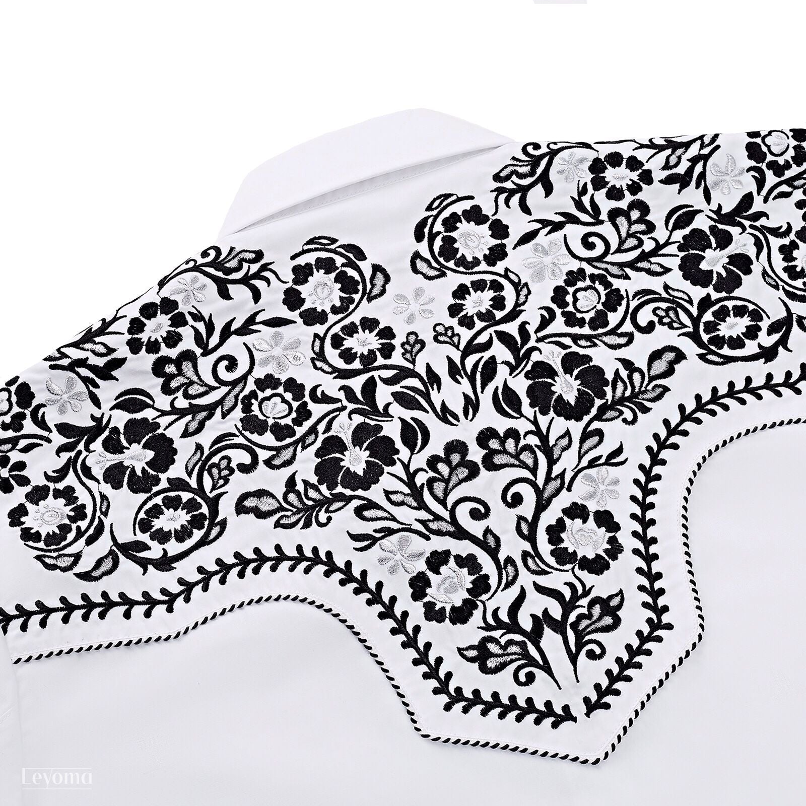 White floral embroidered men's western pearl snap shirt - back yoke embroidery close-up