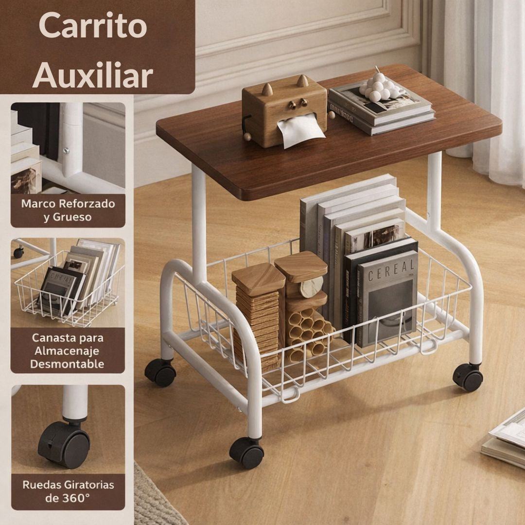 Mesa Carrito Auxiliar con Ruedas de 360°. Mesa Central Moderna Cesta Metálica. Coffee Table. Sobre Color Madera y Base Blanca 43x30x54cm.