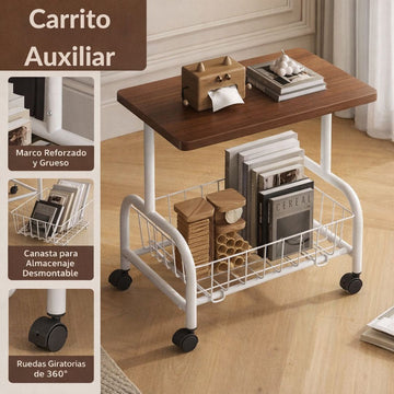 Mesa Carrito Auxiliar con Ruedas de 360°. Mesa Central Moderna Cesta Metálica. Coffee Table. Sobre Color Madera y Base Blanca 43x30x54cm.
