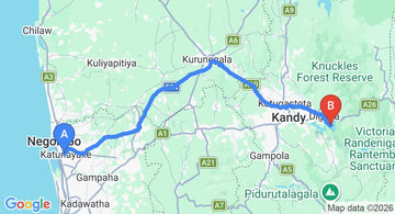 Driving route map: Colombo Airport (CMB) to Sanmara at Victoria Golf and Country Resort, Kandy (131 km, approx 3 h 23 min private transfer)
