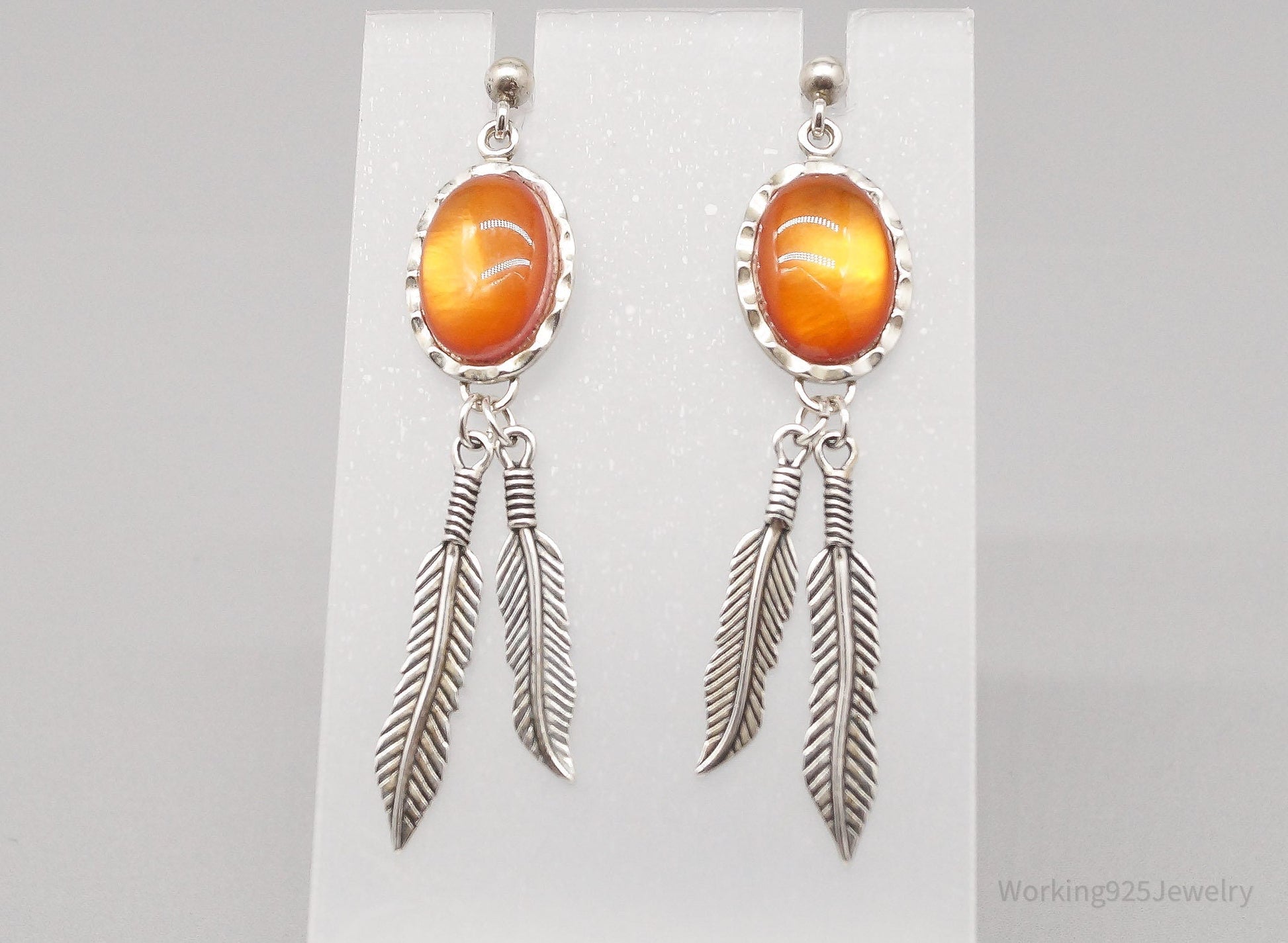 Vintage WMCO Orange Stone Feather Sterling Silver Earrings
