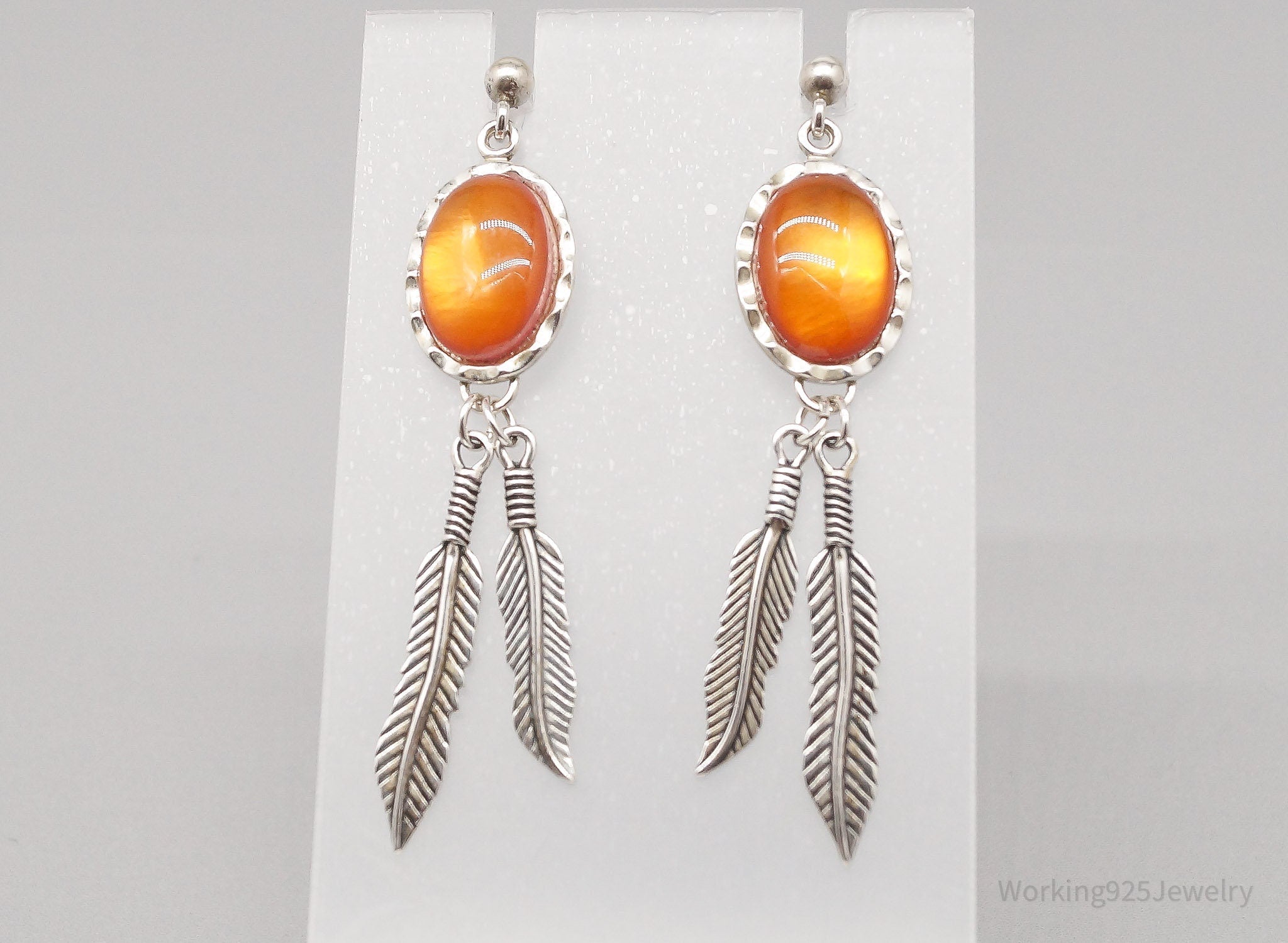 Vintage WMCO Orange Stone Feather Sterling Silver Earrings