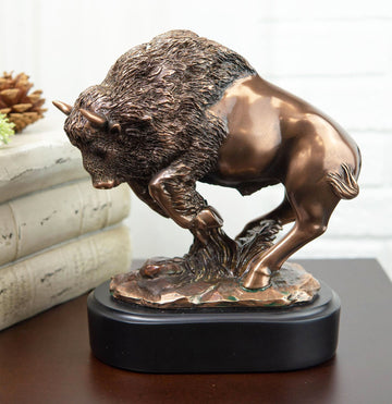 Western Charging American Buffalo Bison Bull Bronze Electroplated Resin Statue - Ebros Gift