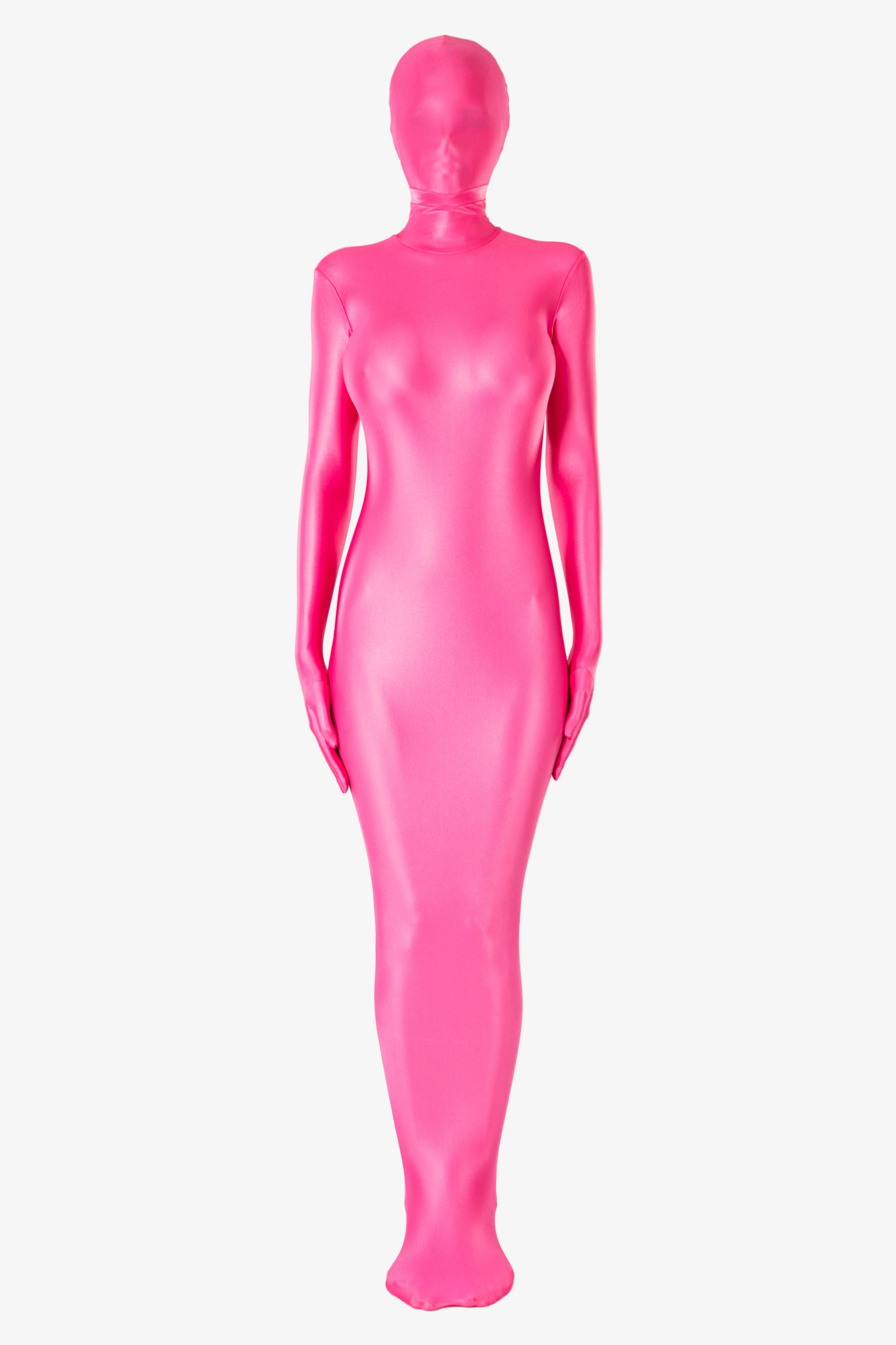 Shiny spandex bondage body bag with separate sleeves, gloves and mask