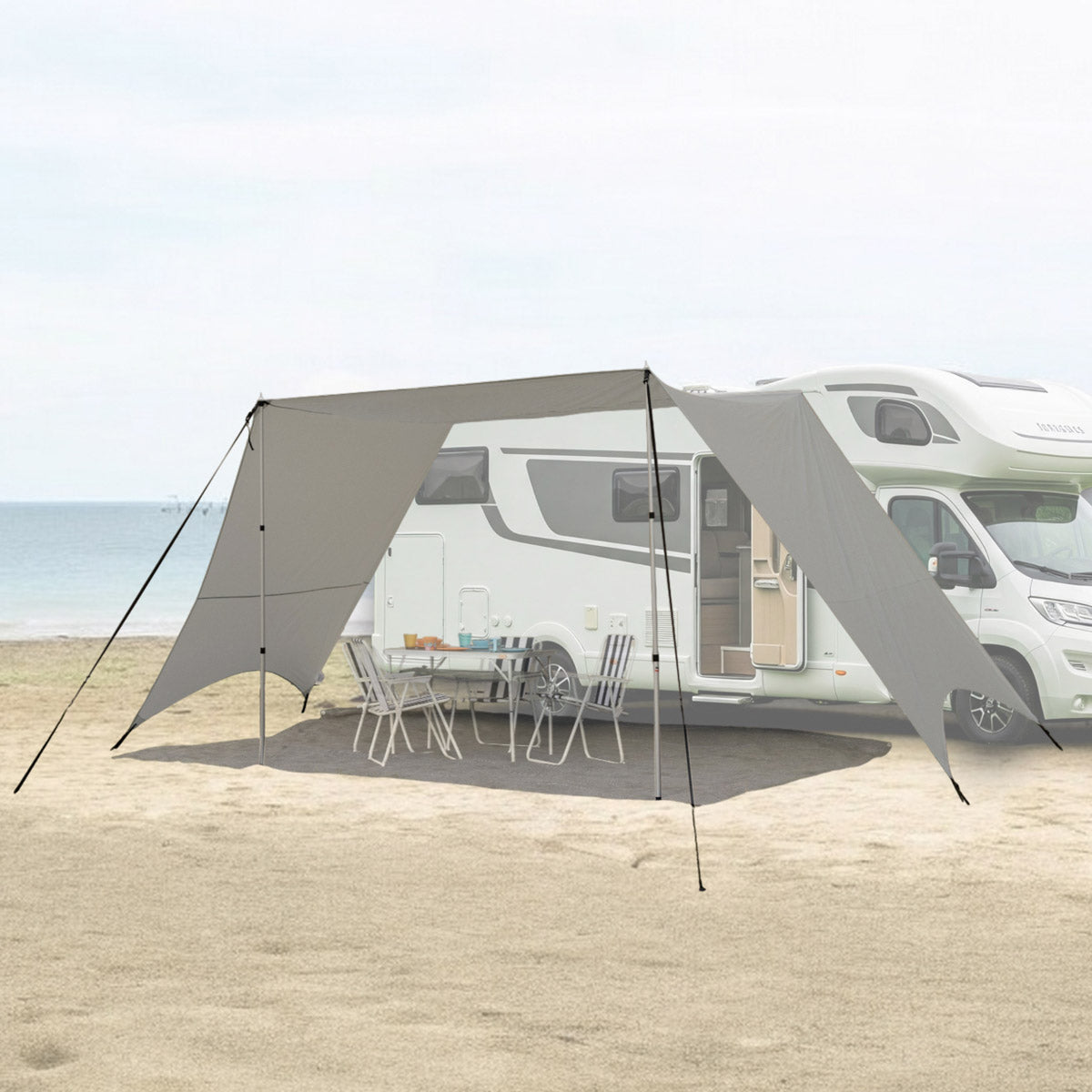 Sonnensegel 250x240 mit Seitenwand für Wohnwagen Wohmobil Vorzelt Camping Gestänge Sonnenschutz Reisevorzelt Busvorzelt 5000mm Wasserfest