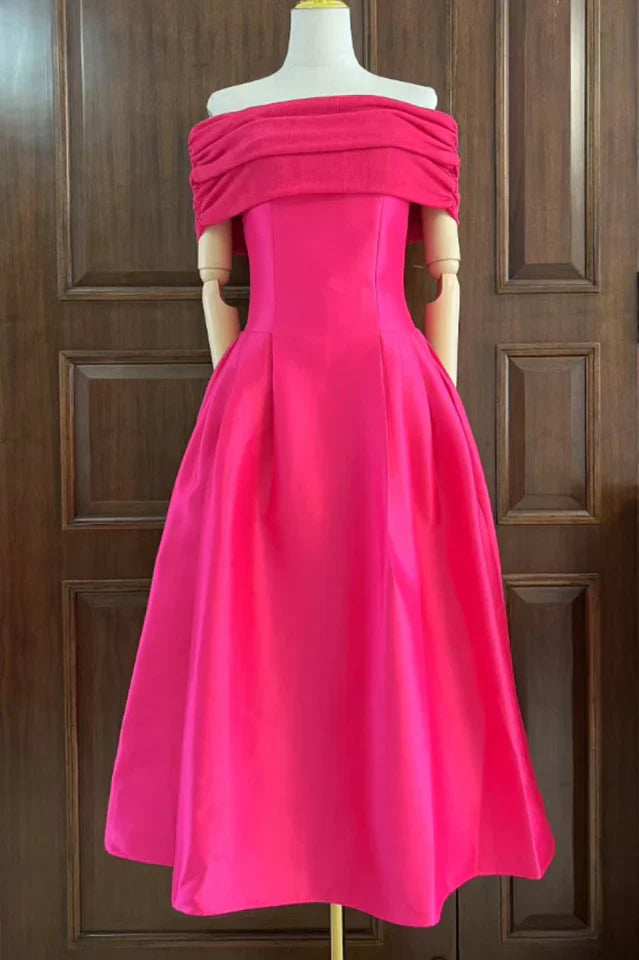 Vivian Off Shoulder Flare Satin Midi Dress