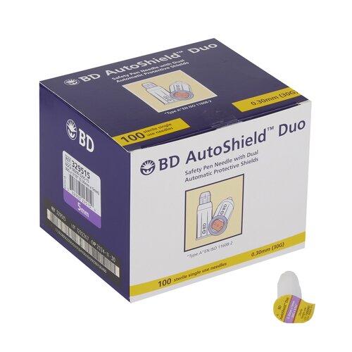 BD AutoShield Duo Insulin Pen Needle, Automatic Locking Shield, 30g x ³⁄₁₆", 100/Box, BD 329515