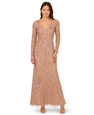 Adrianna Papell Women's Long-Sleeve Beaded Full-Length Gown - Rose Gold