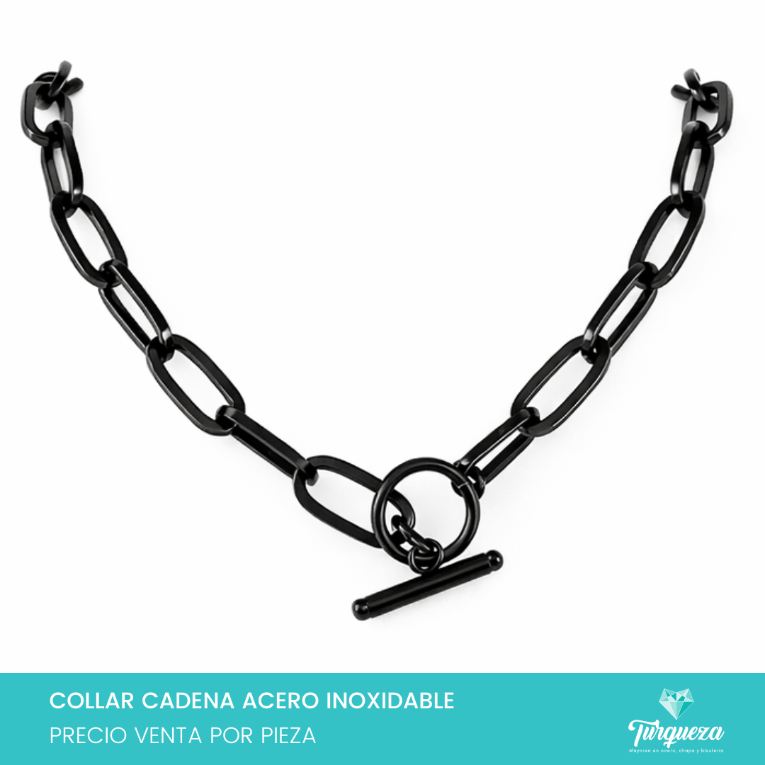 Collar Cadena Forzada Oval Broche T Negro (50cm-8mm) Acero Inoxidable