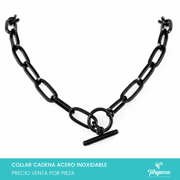 Collar Cadena Forzada Oval Broche T Negro (50cm-8mm) Acero Inoxidable