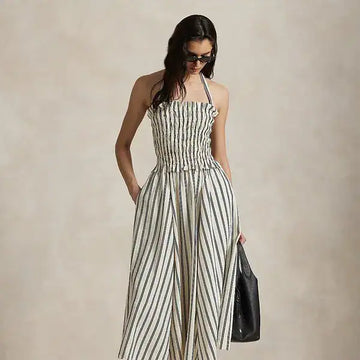 polo ralph lauren silk blend a line midi dress POLO RALPH LAUREN Shirred Striped Silk-Blend Midi Dress