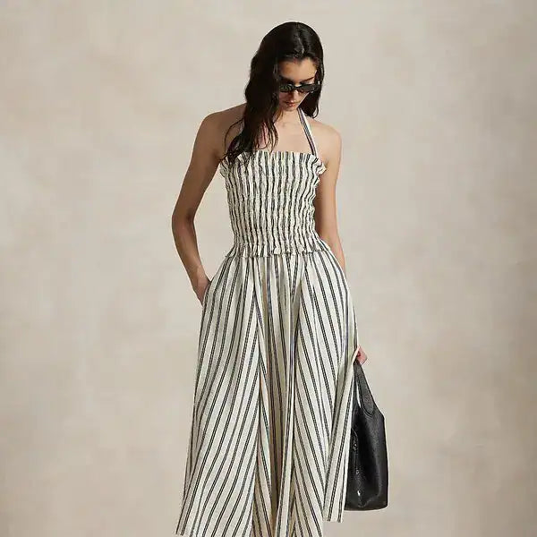 polo ralph lauren silk blend a line midi dress POLO RALPH LAUREN Shirred Striped Silk-Blend Midi Dress