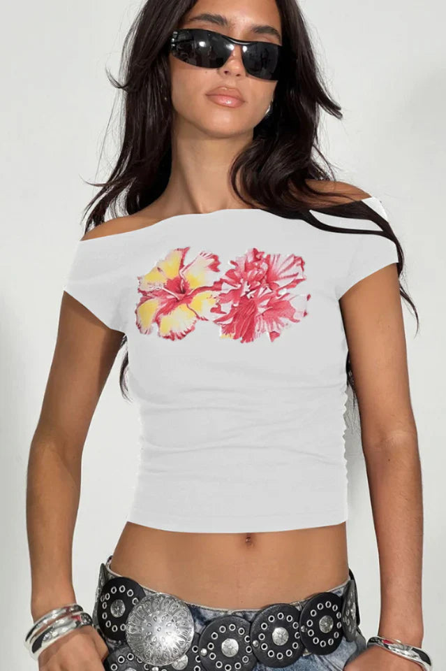 Twist Off Shoulder Graphic Top