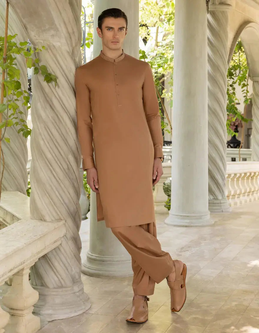 Light Brown Cotton Kameez Shalwar full view