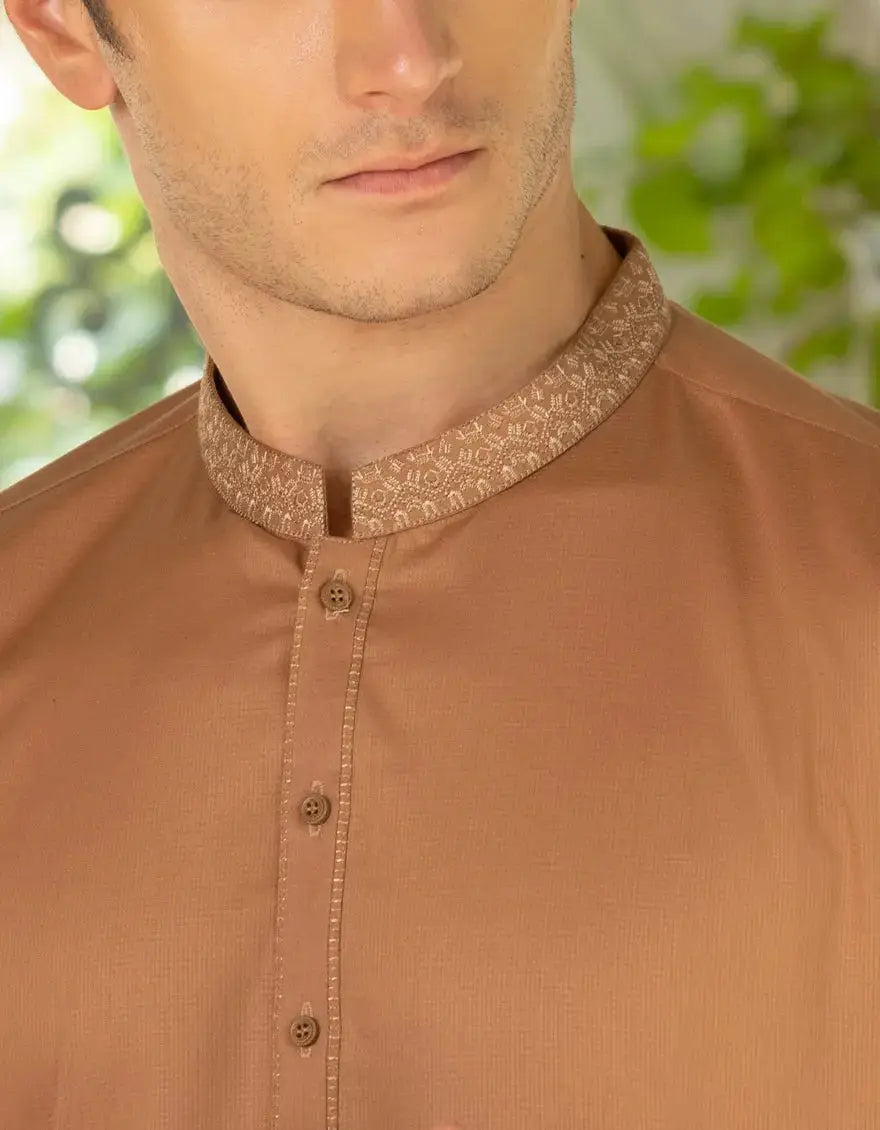 Light Brown Cotton Kameez Shalwar collar detail
