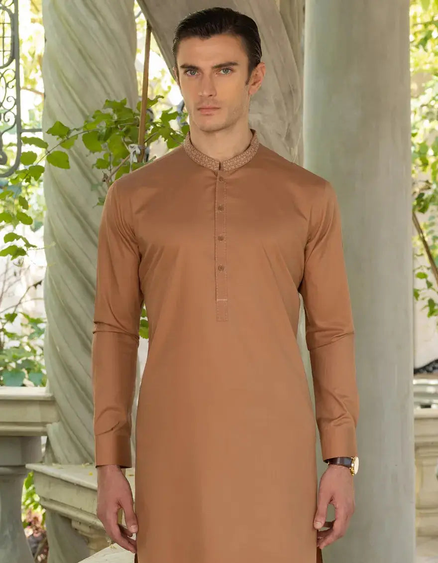 Light Brown Cotton Kameez Shalwar close-up