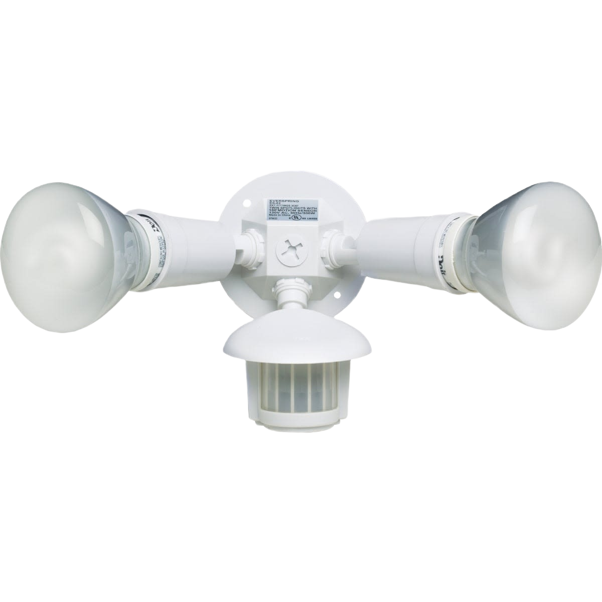 White dual-head incandescent floodlight with motion sensor for outdoor lighting and home improvement projects