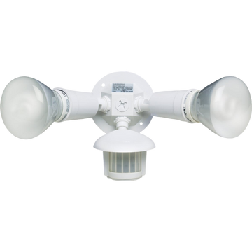 White dual-head incandescent floodlight with motion sensor for outdoor lighting and home improvement projects